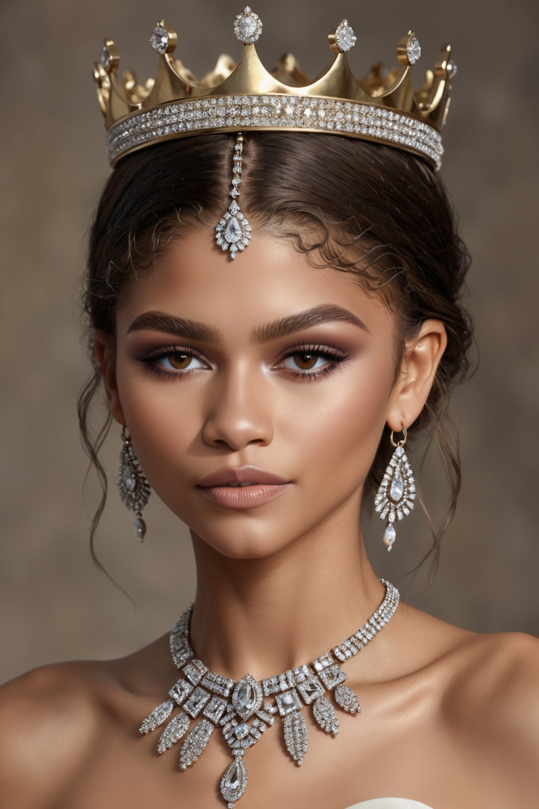 Zendaya,highly detailed portrait of (ohwx woman)  as an elegant goddess, ornate crown, beautiful symmetrical face, digital painting, artstation, concept art, smooth, clear focus, illustration, greg rutkowski, artgerm, global lighting, detailed and fantasy, <lora:EMS-21521-EMS:0.8>