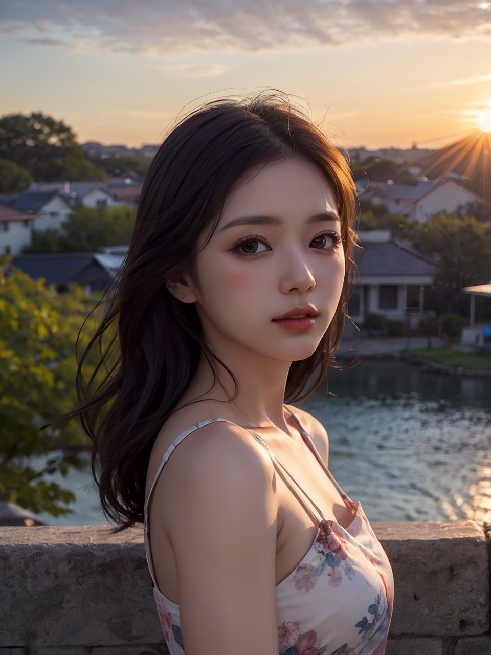 (best quality, masterpiece:1.2),ultra detailed,(photo realistic:1.4),solo,cute girl,sunset_scenery_background,<lora:SunsetScenery_v1:0.6>,