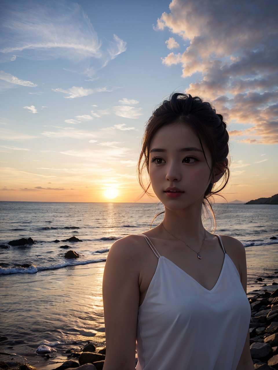 (best quality, masterpiece:1.2),ultra detailed,(photo realistic:1.4),solo,cute girl,sunset_scenery_background,<lora:SunsetScenery_v1:0.6>,