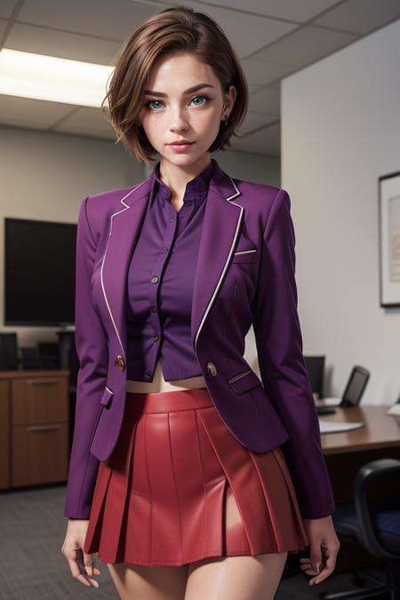 (8k, RAW photo, best quality, masterpiece:1.2), (realistic, photo-realistic:1.37), ultra-detailed,(detailed beautiful girl:1.4),1 girl,slender,<lora:Sexy office lady:0.8>Sexy office lady,office,((all redpurple suit,jacket,skirt)),((micro mini skirt)),looking at viewer<lora:Daisy Ridley:1>(skswoman,very short hair,green eyes)