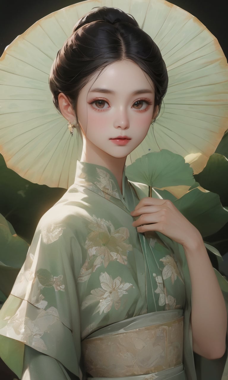 RAW photo, detailed face, ++, f22, beautiful symmetrical face, cute natural makeup, elegant, feminine, highly detailed, a 1girl, pose with parasols like a huge lotus leaf, ((huge lotus leaf))in the style of light emerald, oriental minimalism, subtle elegance, hd mod, in the style of elegant clothing, light green, realistic yet ethereal, simplistic designs, oriental, whimsical shapes, serene harmony beautiful symmetrical face, elegant, feminine, highly detailed, intricate,best quality, ultra-detailed, masterpiece, hires, 8k,(photorealistic),transparent,
