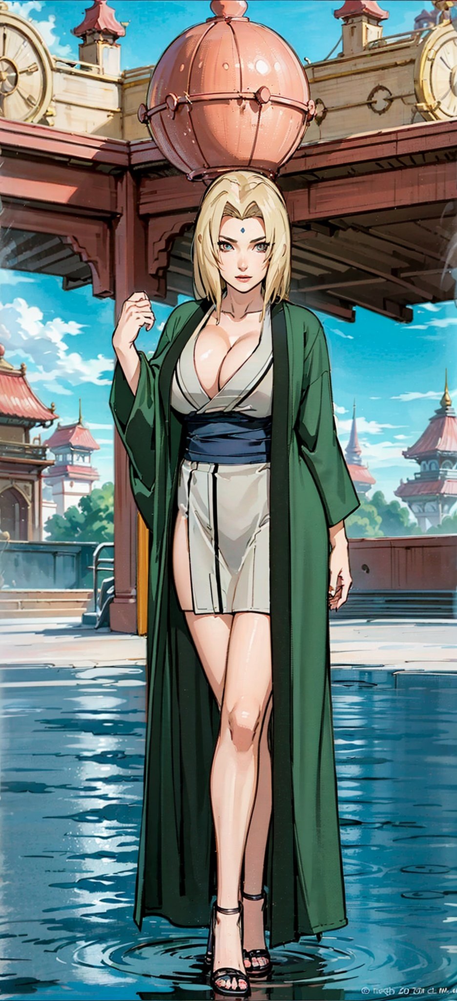 Full body. (Best Quality), (Masterpiece), a very exquisite and beautiful girl, very detailed, amazing, with exquisite details, official art, super detailed, high-level, beautiful details girl, with a radiant face,A girl standing in front of a dragon, long, without humans, dragon, (floating blonde hair), jade water book, water, waves, full of water energy, all mechanical, pink mechanical, MIX4,swordsman,east_asian_architecture,Tsunade,Kimono.,Real,Kimono,Fake breasts,Wearing deep_V-neck_dress,Update, <lora:EMS-20392-EMS:0.4>, <lora:EMS-14413-EMS:0.8>, <lora:EMS-7047-EMS:0.8>, <lora:EMS-14486-EMS:0.5>