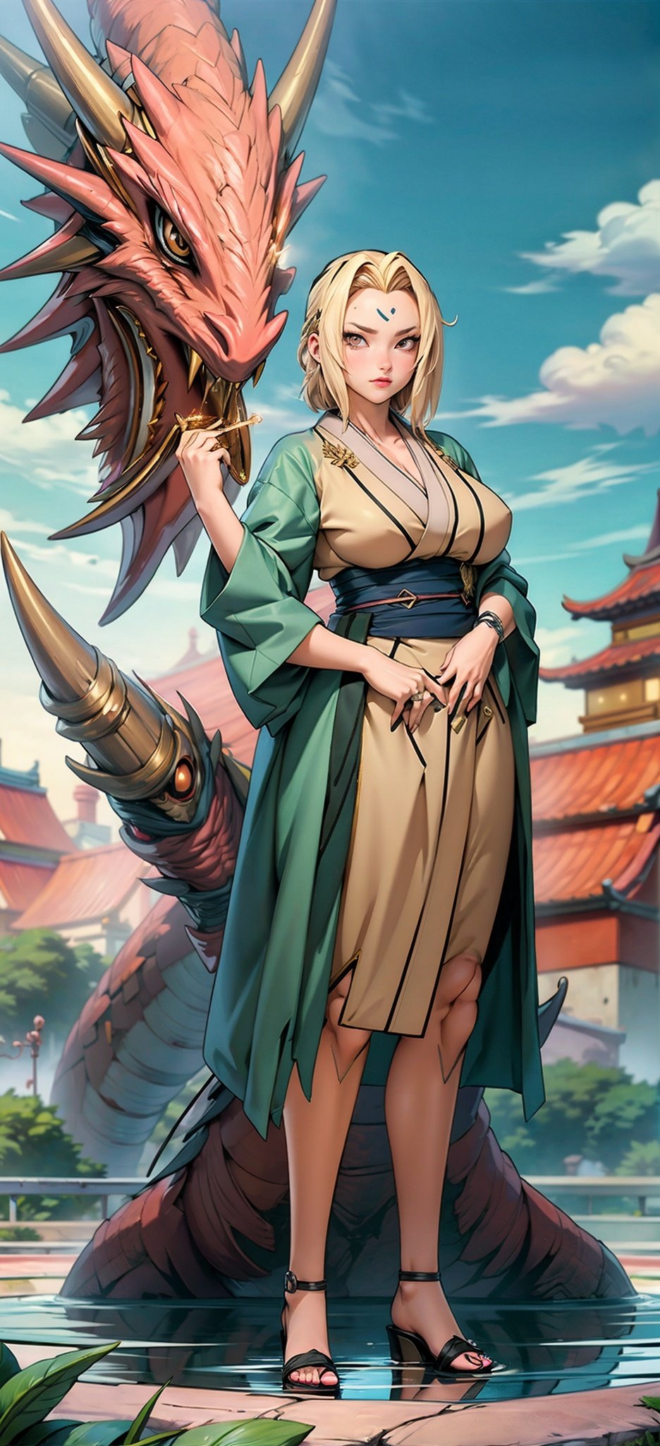 Full body. (Best Quality), (Masterpiece), a very exquisite and beautiful girl, very detailed, amazing, with exquisite details, official art, super detailed, high-level, beautiful details girl, with a radiant face,A girl standing in front of a dragon, long, without humans, dragon, (floating blonde hair), jade water book, water, waves, full of water energy, all mechanical, pink mechanical, MIX4,swordsman,east_asian_architecture,Tsunade,Kimono.,Real,Kimono, <lora:EMS-7047-EMS:0.8>, <lora:EMS-15617-EMS:0.4>, <lora:EMS-20686-EMS:1>, <lora:EMS-14413-EMS:0.8>