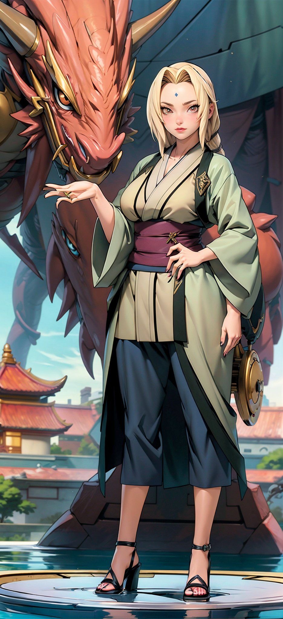 Full body. (Best Quality), (Masterpiece), a very exquisite and beautiful girl, very detailed, amazing, with exquisite details, official art, super detailed, high-level, beautiful details girl, with a radiant face,A girl standing in front of a dragon, long, without humans, dragon, (floating blonde hair), jade water book, water, waves, full of water energy, all mechanical, pink mechanical, MIX4,swordsman,east_asian_architecture,Tsunade,Kimono.,Real,Kimono, <lora:EMS-7047-EMS:0.8>, <lora:EMS-15617-EMS:0.4>, <lora:EMS-20686-EMS:1>, <lora:EMS-14413-EMS:0.8>