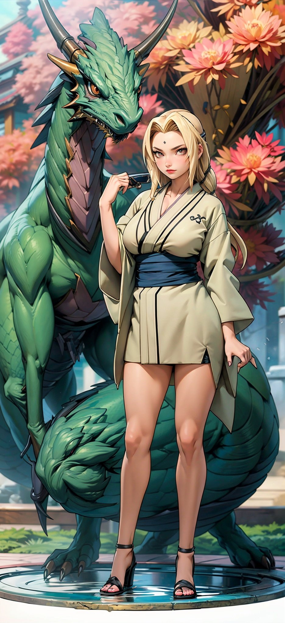 Full body. (Best Quality), (Masterpiece), a very exquisite and beautiful girl, very detailed, amazing, with exquisite details, official art, super detailed, high-level, beautiful details girl, with a radiant face,A girl standing in front of a dragon, long, without humans, dragon, (floating blonde hair), jade water book, water, waves, full of water energy, all mechanical, pink mechanical, MIX4,swordsman,east_asian_architecture,Tsunade,Kimono., <lora:EMS-1052-EMS:0.2>, <lora:EMS-7047-EMS:0.8>, <lora:EMS-15617-EMS:0.4>, <lora:EMS-20686-EMS:0.8>