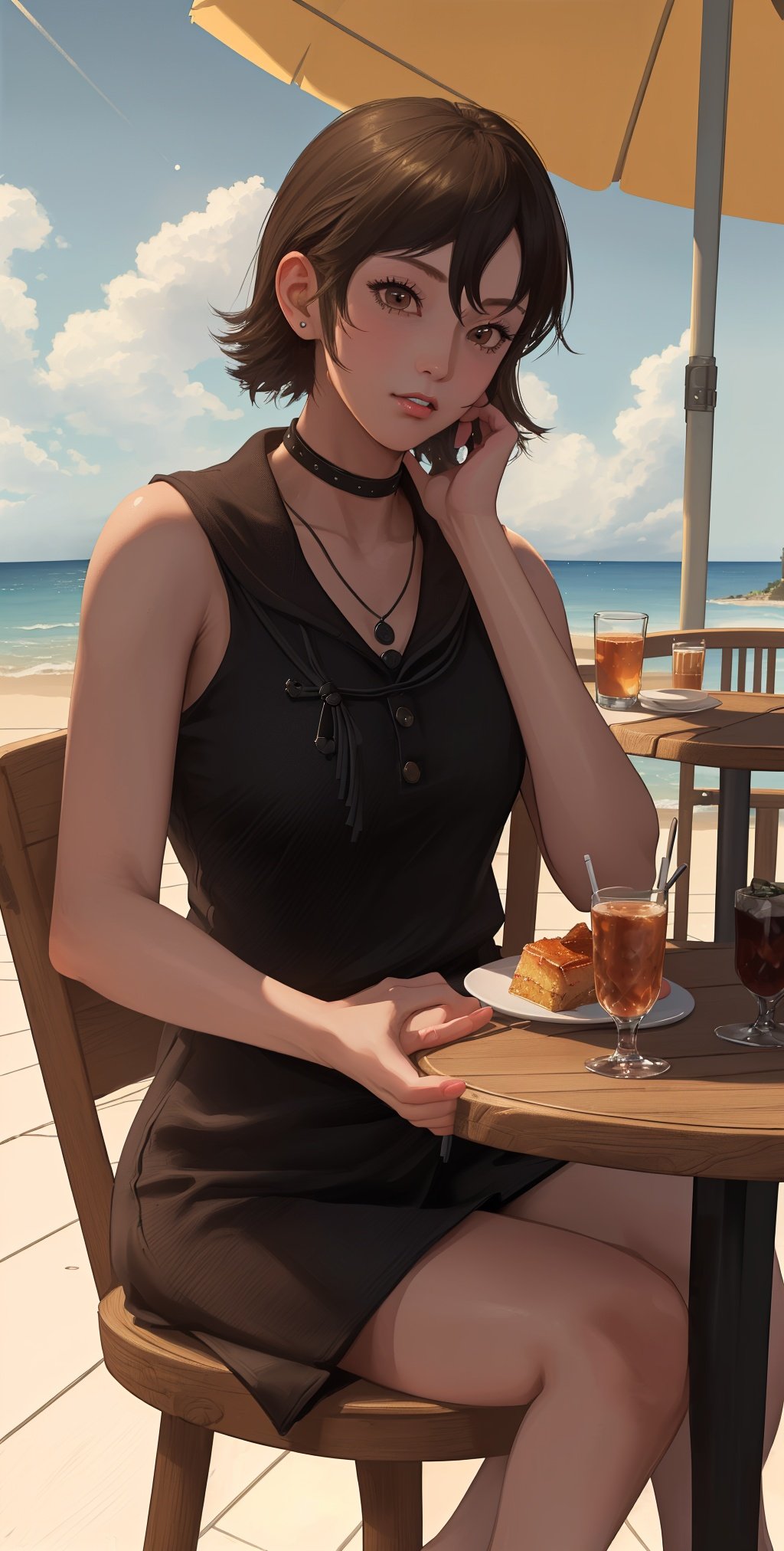 (masterpiece, best quality, highres, absurdres, ultra-detailed:1.3), 1girl, (slim, pettite, lustrious skin), (sitting at table, sea side cafe, bored, table umbrella), (IrisAmicitia:1.3),   , <lora:EMS-21614-EMS:0.8>