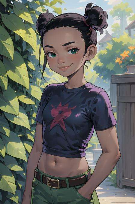 masterpiece, best quality, professional portrait photo of a (((  Trixie carter, dark-skinned female ,double bun, black hair, midriff,  <lora:TrixieCarter3:0.6>, belt, blue shirt ,midriff, green pants,  ))),  detailed skin, detailed eyes, waiting in rich lush oriental Victorian Era mansion garden, on hot summer day, photo made with Canon EOS in natural style photography,  ((smirk)), 