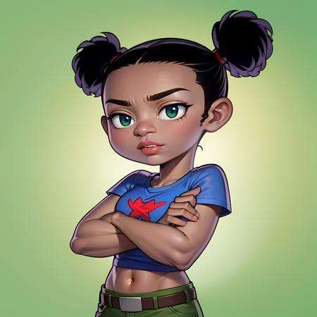 ((masterpiece, best quality)),solo,1girl,upper body,  Trixie carter, dark-skinned female ,double bun, black hair, belt, blue shirt ,midriff,  <lora:TrixieCarter3-0606:0.6>, green pants, gradient background, lips,  crossed arms, 