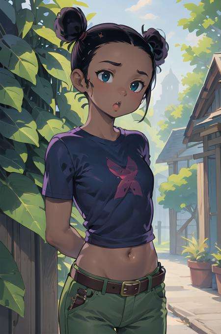 masterpiece, best quality, professional portrait photo of a (((  Trixie carter, dark-skinned female ,double bun, black hair, midriff,  <lora:TrixieCarter3:0.6>, belt, blue shirt ,midriff, green pants,  ))),  detailed skin, detailed eyes, waiting in rich lush oriental Victorian Era mansion garden, on hot summer day, photo made with Canon EOS in natural style photography,  (((:o))), (arms behind back), short sleeves, 