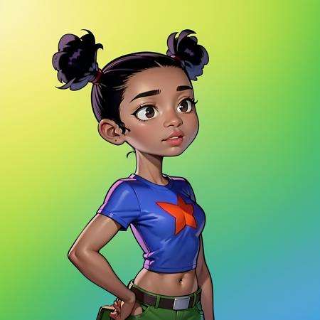 ((masterpiece, best quality)),solo,1girl,upper body,  Trixie carter, dark-skinned female ,double bun, black hair, belt, blue shirt ,midriff,  <lora:TrixieCarter3-0606:0.6>, green pants, gradient background, lips,  