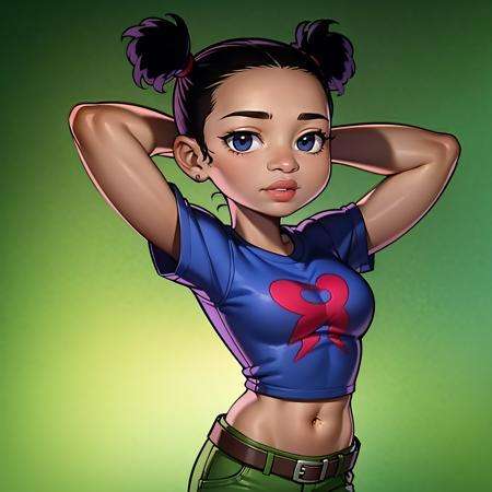 ((masterpiece, best quality)),solo,1girl,upper body,  Trixie carter, dark-skinned female ,double bun, black hair, belt, blue shirt ,midriff,  <lora:TrixieCarter3-0606:0.6>, green pants, gradient background, lips,  arms behind head, 