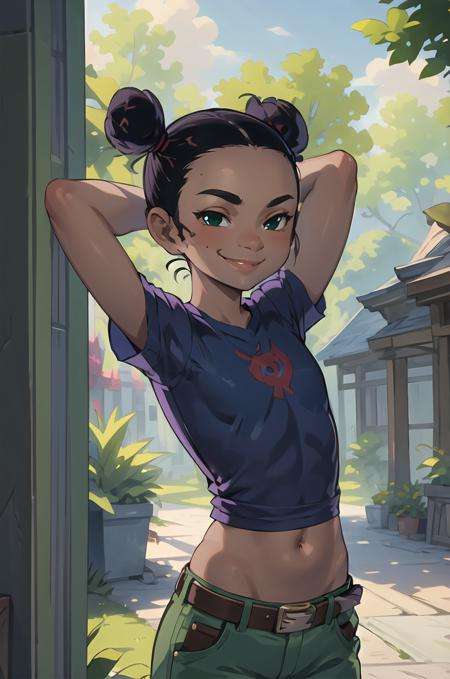 masterpiece, best quality, professional portrait photo of a (((  Trixie carter, dark-skinned female ,double bun, black hair, midriff,  <lora:TrixieCarter3:0.6>, belt, blue shirt ,midriff, green pants,  ))),  detailed skin, detailed eyes, waiting in rich lush oriental Victorian Era mansion garden, on hot summer day, photo made with Canon EOS in natural style photography,  ((smirk)), (arms behind head), 