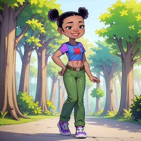 ((masterpiece, best quality)),solo,1girl,full body,  Trixie carter, dark-skinned female ,double bun, black hair, belt, blue shirt ,midriff,  <lora:TrixieCarter3-0606:0.6>, green pants, purple sneakers, lips, smile,  forest, 