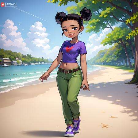 ((masterpiece, best quality)),solo,1girl,full body,  Trixie carter, dark-skinned female ,double bun, black hair, belt, blue shirt ,midriff,  <lora:TrixieCarter3-0606:0.6>, green pants, purple sneakers, lips, smile,  beach, waking 