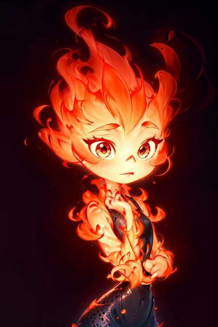 <lora:Addams:0.7> ember, cartoon, girl made of fire, upper body, 1 girl, solo focus, cute, cute pose, v, simple background, black background, 