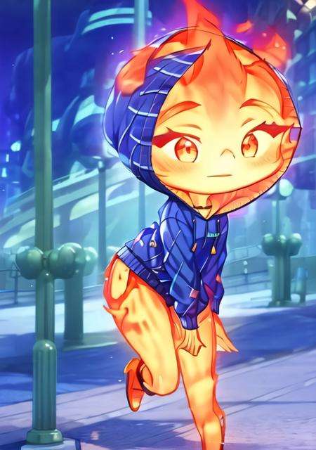 masterpiece, detailed face, detailed eyes, <lora:EmberElemental:1>, Ember, 1girl, (((solo))), girl made of fire, ((standing, fullbody, using a hoodie, hood on head, wearing jeans, thick tighs)), detailed background, sitting on the street, night time