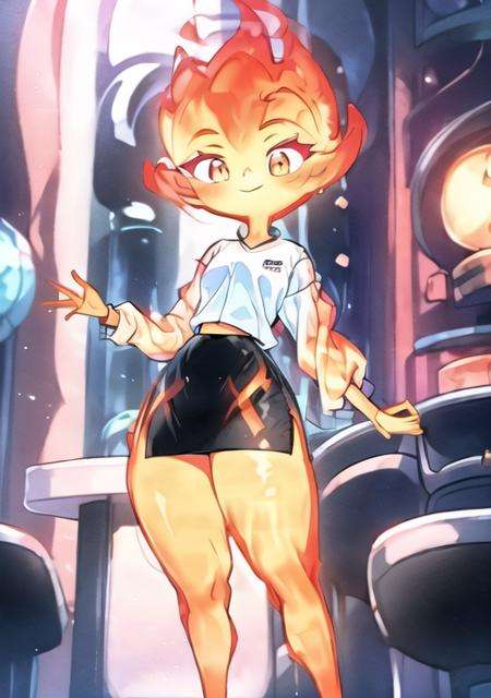 masterpiece, detailed face, detailed eyes, <lora:EmberElemental:1>, Ember, 1girl, (((solo))), girl made of fire, ((standing, fullbody, using a white social shirt with long sleeves, wearing a black pencil skirt, thick tighs)), detailed background, standing on a office