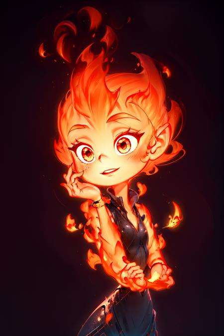 <lora:Addams:0.7> ember, cartoon, girl made of fire, upper body, 1 girl, solo focus, cute, cute pose, v, simple background, black background, 