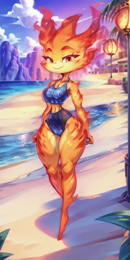 female Ember, Ember, girl made of fire small breasts, narrow waist, long eyelashes, fitness, (best quality, masterpiece:1), seductive smile, (huge breasts:1), swimsuit, beach, plam threes, detailed style, <lora:Addams:1>, <lora:more_details:0.5>