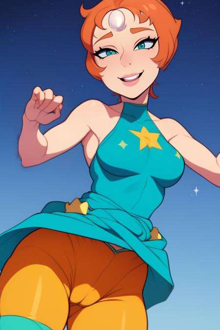 Pearl,short orange hair, forehead jewel, half-open eyes, close up, smiling , solo,  large breasts,   cowboy shot,  cameltoe, PeDres,Blue leotard with tiny gold star on front, small blue skirt, teal ribbon around waist, yellow bike shorts, pink socks, bare shoulders ,sleeveless, nighttime, beach, stars, (insanely detailed,beautiful detailed face, masterpiece, best quality) <lora:Pearl-10v3:0.8>