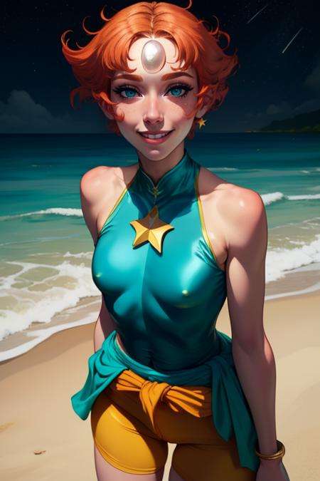 Pearl,short orange hair, forehead jewel, half-open eyes, standing, close up, smiling , solo,  upper body  PeDres,Blue leotard with tiny gold star on front, small blue skirt, teal ribbon around waist, yellow bike shorts, pink socks, bare shoulders ,sleeveless, nighttime, beach, stars, (insanely detailed,beautiful detailed face, masterpiece, best quality) <lora:Pearl-10v3:0.8>