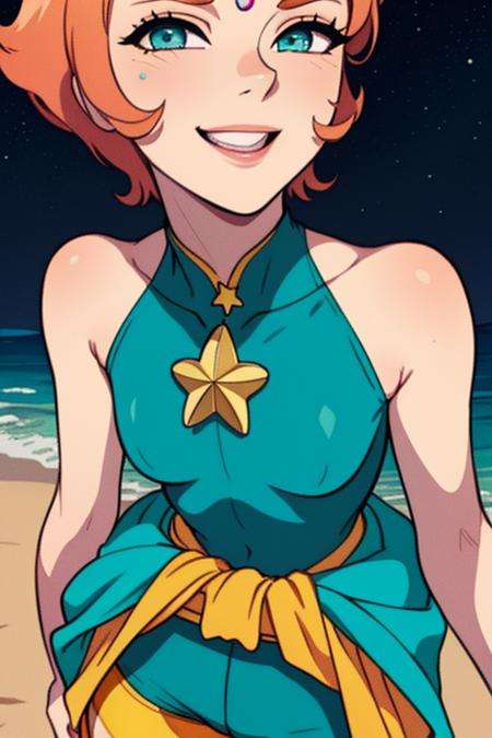 Pearl,short orange hair, forehead jewel, half-open eyes, standing, close up, smiling , solo,  upper body  PeDres,Blue leotard with tiny gold star on front, small blue skirt, teal ribbon around waist, yellow bike shorts, pink socks, bare shoulders ,sleeveless, nighttime, beach, stars, (insanely detailed,beautiful detailed face, masterpiece, best quality) <lora:Pearl-10v3:0.8>