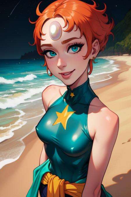 Pearl,short orange hair, forehead jewel, half-open eyes, close up, smiling , solo,  upper body   large breasts,  surprised,  looking at breasts, PeDres,Blue leotard with tiny gold star on front, small blue skirt, teal ribbon around waist, yellow bike shorts, pink socks, bare shoulders ,sleeveless, nighttime, beach, stars, (insanely detailed,beautiful detailed face, masterpiece, best quality) <lora:Pearl-10v3:0.8>