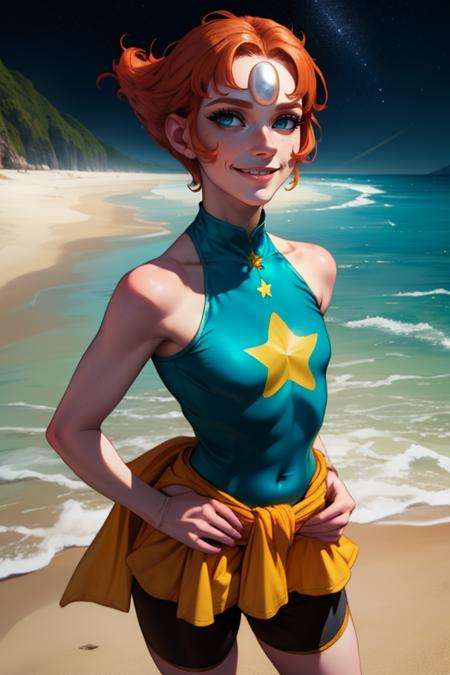 Pearl,short orange hair, forehead jewel, half-open eyes, standing, close up, smiling , solo, hands on hip, upper body PeDres,Blue leotard with tiny gold star on front, small blue skirt, teal ribbon around waist, yellow bike shorts, pink socks, bare shoulders ,sleeveless, nighttime, beach, stars, (insanely detailed,beautiful detailed face, masterpiece, best quality) <lora:Pearl-10v3:0.8>