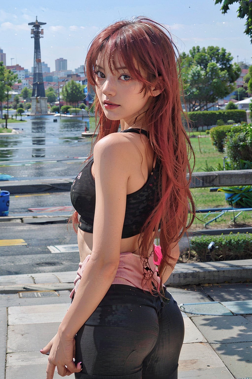 1girl, masterpiece, best quality, (photorealistic:1.4), a photo of a beautiful woman, skinny, long hair,pink hair,red eyes,park,detailed face, crop top, from behind, back, yoga pants,saki