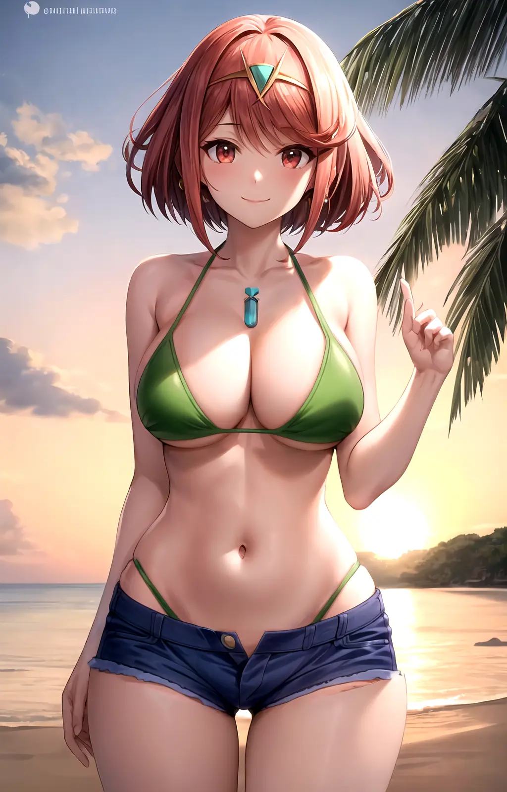 masterpiece, best quality, best aesthetic, anime, ultra detailed,pyra \(xenoblade\), 1girl, solo, reiovabikini, (green bikini, micro bikini:1.2), (blue shorts, denim shorts, short shorts:1.2), open fly, (large breasts:1.3), (wide hips:1.3), (red hair, short hair:1.2), red eyes, (smile, closed mouth:1.2), reaching hand, cowboy shot, looking at viewer, outdoors, beach, sunset, <lora:more_details:te=0.2:unet=0.5>, <lora:rei_HSOD_ova_bikini-10:te=1:unet=0.8:lbw=OUTALL> :1.0