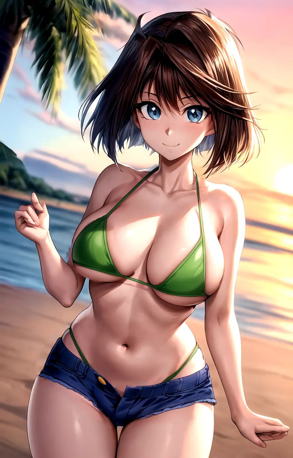 masterpiece, best quality, best aesthetic, anime, ultra detailed,anzu_yugioh, anzu_dsod, 1girl, solo, reiovabikini, (green bikini, micro bikini:1.2), (blue shorts, denim shorts, short shorts:1.2), open fly, (large breasts, wide hips:1.3), (short hair, brown hair:1.2), blue eyes, (smile, closed mouth:1.2), reaching hand, cowboy shot, looking at viewer, outdoors, beach, sunset, <lora:more_details:te=0.2:unet=0.5>, <lora:rei_HSOD_ova_bikini-10:te=0.8:unet=1:lbw=OUTALL> :1.0