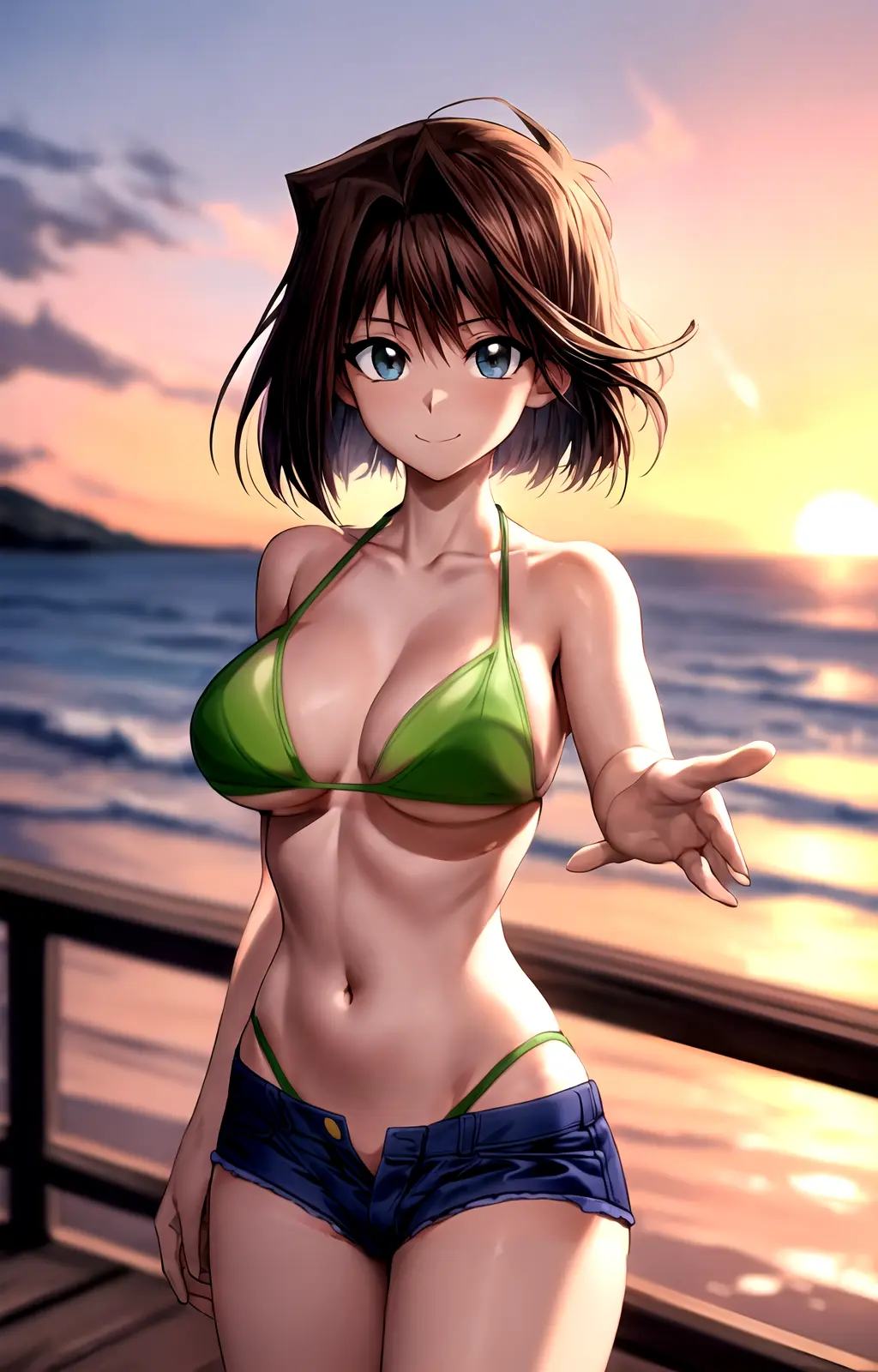 masterpiece, best quality, best aesthetic, anime, ultra detailed,anzu_yugioh, anzu_dsod, 1girl, solo, reiovabikini, (green bikini, micro bikini:1.2), (blue shorts, denim shorts, short shorts:1.2), open fly, (large breasts, wide hips:1.3), (short hair, brown hair:1.2), blue eyes, (smile, closed mouth:1.2), reaching hand, cowboy shot, looking at viewer, outdoors, beach, sunset, <lora:more_details:te=0.2:unet=0.5>, <lora:rei_HSOD_ova_bikini-10:te=0.8:unet=1:lbw=OUTALL> :1.0