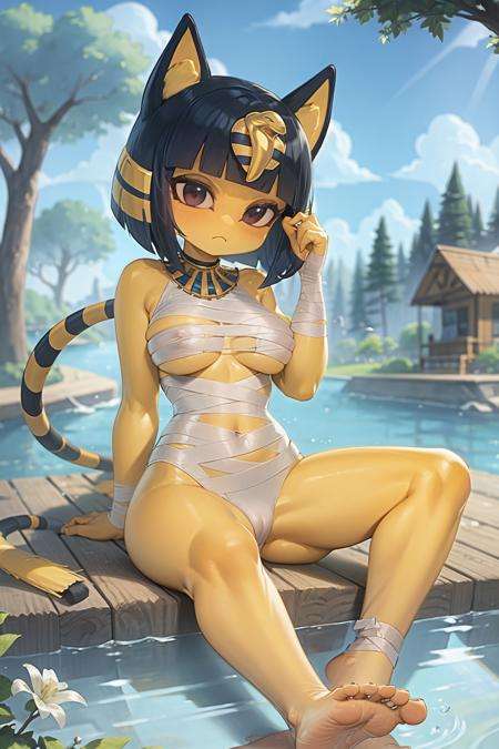 (masterpiece, best quality:1.2), ankha, 1girl, solo, bandages, barefoot, tail, breasts, outdoors, bird sanctuary, birds, nature, trees, lake