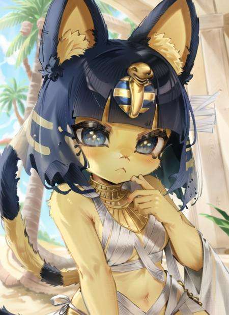 ((best quality)), ((highly detailed)), masterpiece, detailed face, beautiful face, (detailed eyes, deep eyes), (1girl), <lora:Ankha_v2:1>, ankha, furry, cat girl, blue eyes, blue hair, half-closed eyes, tail, striped tail, :<, unimpressed, (bandages), white loincloth, Egyptian clothes, (in a desert, pyramids in the background, palm trees in the foreground)