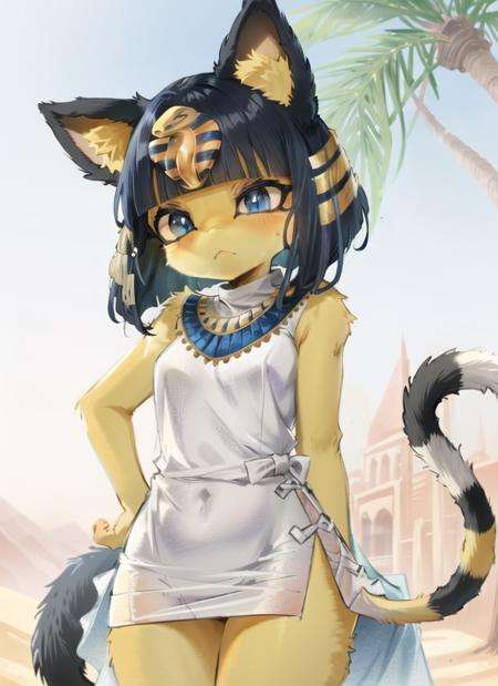 ((best quality)), ((highly detailed)), masterpiece, (detailed eyes, deep eyes), (1girl), <lora:Ankha_v2:1>, ankha, furry, cat girl, blue eyes, blue hair, half-closed eyes, tail, striped tail, :<, unimpressed, (bandages), white dress, sleeveless dress, belt, Egyptian clothes, (in a desert, pyramids in the background, palm trees in the foreground)