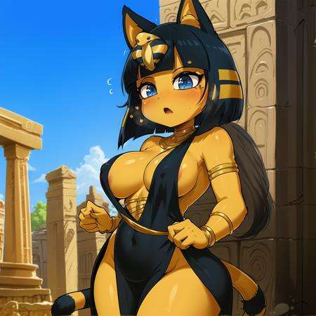 (masterpiece, best quality:1.15), ankha, 1girl, solo, surprised, blush, breasts, tail, dark blue eyes, black dress, see-through, nipples, outdoors, ancient ruins, stone structures, artifacts, history, archaeology, excavation sites, archaeological treasures, ancient civilization, cultural heritage, antique relics