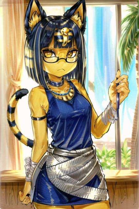 ((best quality)), ((highly detailed)), masterpiece, (detailed eyes, deep eyes), (1girl), (glasses), upper body, <lora:hairdetailer:.8>, <lora:Ankha_v2:1>, ankha, furry, cat girl, yellow eyes, blue hair, half-closed eyes, tail, striped tail, :<, unimpressed, (bandages), white dress, sleeveless dress, belt, Egyptian clothes, (in a desert, pyramids in the background, palm trees in the foreground), (inside, in an office), <lora:obata_takeshi:1>, obata takeshi