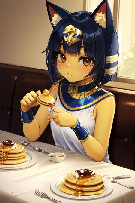 (masterpiece, best quality),  intricate details,1girl, <lora:Ankha_v2_RT_e6_R-128:0.8> ankha, yellow skin, cat ears, egyptian, diner, sitting at table, food, pancakes, syrup, breakfast,  eating,  