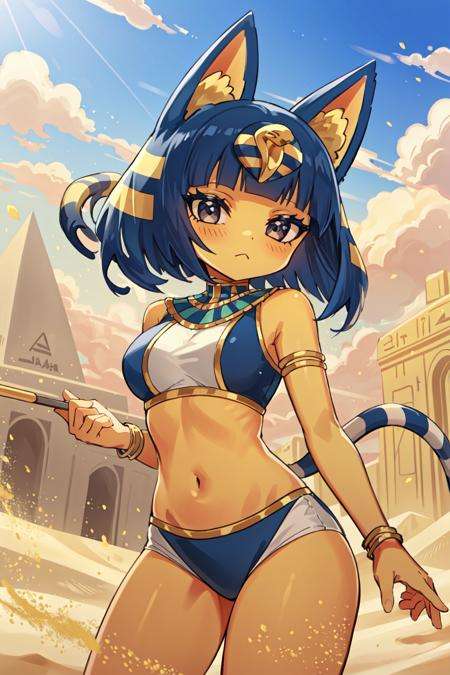 best quality, intricate details, 1girl,  <lora:Ankha_v2_RT_e6_R-128:0.8> ankha, egyptian, sand, pyramids, dust storm,