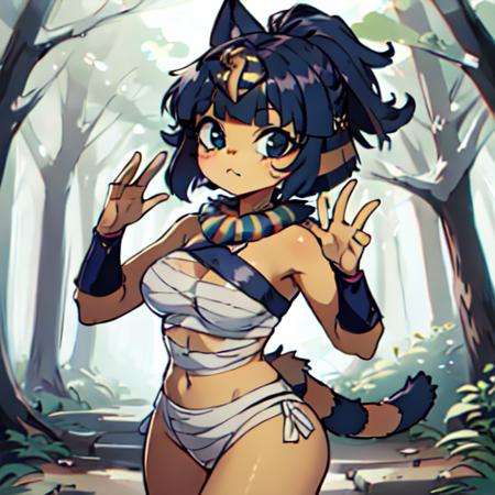 Ankha, tail, bandages, <lora:Ankha_v2_RT_e6_R-128:0.8>, Beautiful Art Style, 1girl, young woman, looking at viewer, hair flaps, forest, beckoning, mummy costume, lop, lop_outfit<lora:lopStarWars_lopVersion4:0.6>