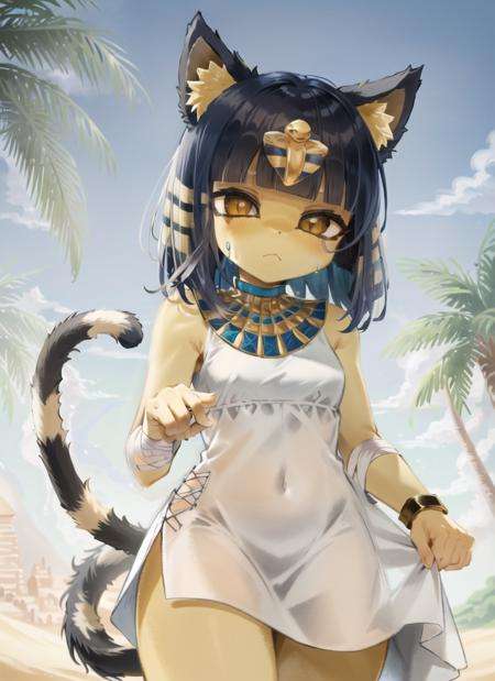 ((best quality)), ((highly detailed)), masterpiece, extremely detailed face, beautiful face, (detailed eyes, deep eyes), (1girl), <lora:Ankha_v2:.85>, ankha, furry, cat girl, yellow eyes, blue hair, half-closed eyes, tail, striped tail, :<, unimpressed, (bandages), white dress, sleeveless dress, Egyptian clothes, (in a desert, pyramids in the background, palm trees in the foreground)