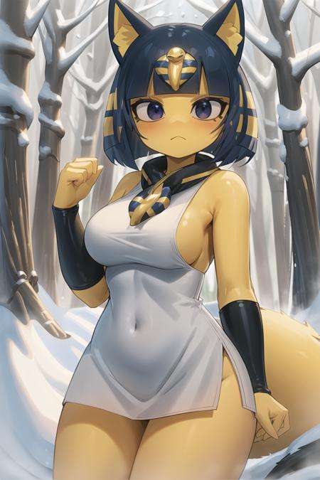 (masterpiece, best quality:1.2), ankha, 1girl, solo, white dress, tail, breasts, outdoors, snowshoeing trail, snow, winter, nature