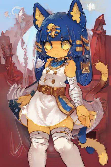 ((best quality)), ((highly detailed)), masterpiece, detailed face, beautiful face, (detailed eyes, deep eyes), (1girl), from the front, on one knee, <lora:Ankha_v2:.9>, ankha, yellow skin, cat girl, blue eyes, blue hair, half-closed eyes, tail, striped tail, :<, unimpressed, (bandages), white dress, sleeveless dress, belt, Egyptian clothes, (in a desert, pyramids in the background, palm trees in the foreground), (on an airship), <lora:EnvyCuteMix18:1>, (cute)