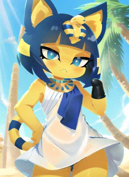 ((best quality)), ((highly detailed)), masterpiece, detailed face, beautiful face, (detailed eyes, deep eyes), (1girl), <lora:noline:1>, <lora:Ankha_v2:1>, ankha, yellow skin, cat girl, blue eyes, blue hair, half-closed eyes, tail, striped tail, :<, unimpressed, (bandages), white dress, sleeveless dress, Egyptian clothes, (in a desert, pyramids in the background, palm trees in the foreground)