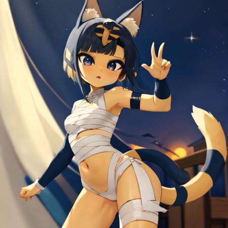 Ankha, tail, bandages, <lora:Ankha_v2_RT_e6_R-128:0.8>, Beautiful Art Style, 1girl, young woman, looking at viewer, delightful, camp, on tiptoes, dracula costume, oozora subaru, <lora:oozoraSubaruHololive5_v1:0.8>