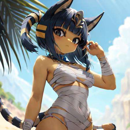 absol,<lora:furryEeveelutionLora_v2:0.8>, Beautiful Art Style, 1girl, young woman, looking at viewer, ponytail, valley, sunbathing, camo costume, Ankha, tail, bandages, <lora:Ankha_v2_RT_e6_R-128:0.8>