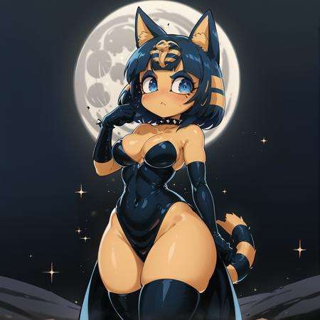 (masterpiece, best quality:1.1), ankha, 1girl, solo, surprised, blush, breasts, tail, dark blue eyes, gothic, makeup, choker, black dress, spikes, elbow gloves, outdoors, moon base, lunar, research, space, regolith, lunar outpost, lunar mining, in-situ resource utilization, lunar sample return