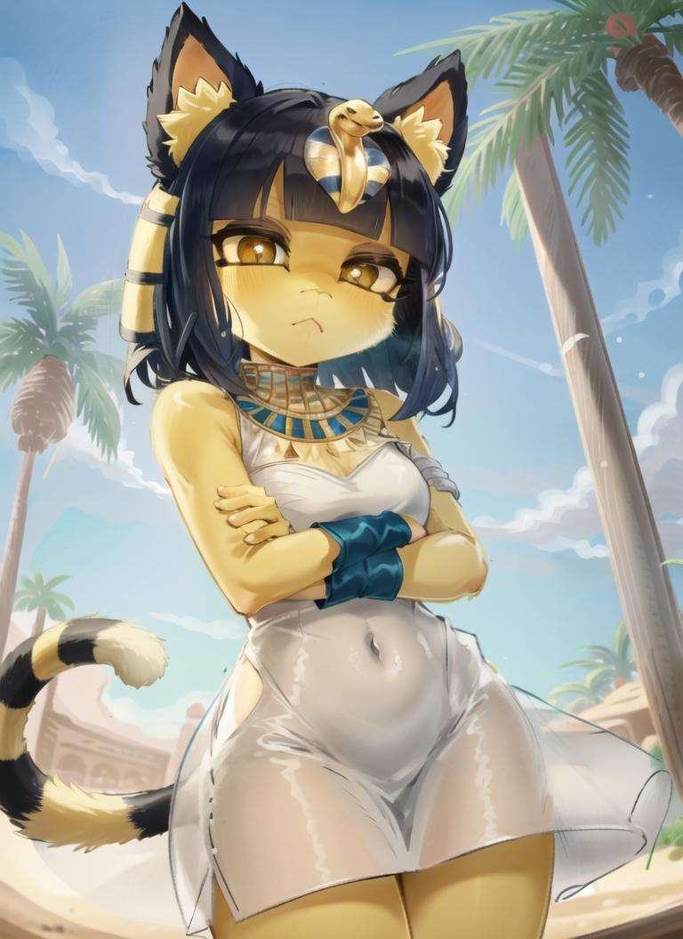 ((best quality)), ((highly detailed)), masterpiece, extremely detailed face, beautiful face, (detailed eyes, deep eyes), (1girl), <lora:Ankha_v2:.95>, ankha, furry, cat girl, yellow eyes, blue hair, half-closed eyes, tail, striped tail, :<, unimpressed, (bandages), white dress, sleeveless dress, Egyptian clothes, (in a desert, pyramids in the background, palm trees in the foreground)