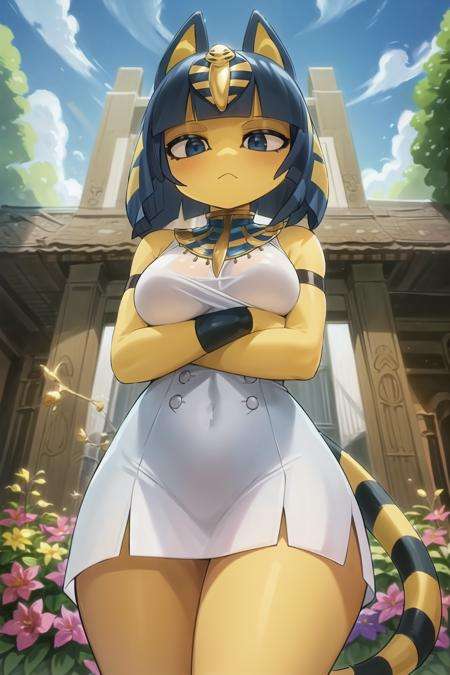 (masterpiece, best quality:1.2), ankha, 1girl, solo, crossed arms, (from below, looking down:1.1), looking at viewer, tail, white dress, see-through, breasts, outdoors, historical garden, period architecture, landscaping, nature