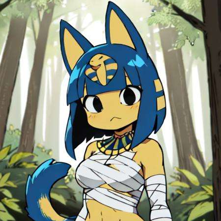 Ankha, tail, bandages, <lora:Ankha_v2_RT_e6_R-128:0.8>, Beautiful Art Style, 1girl, young woman, looking at viewer, hunky, forest, one arm behind her back, herald costume, <lora:gurrenLagannEyecatch_v10:0.8> 